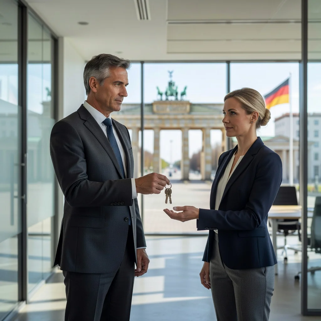 A photorealistic image representing the concept of a power of attorney in Germany, showing a trusted adult professional, such as a lawyer or advisor, in a modern German office setting, handing over symbolic keys or a briefcase to another adult, symbolizing delegation of authority, with subtle German elements like a flag or architecture in the background, conveying trust and legal empowerment without displaying any documents or children.