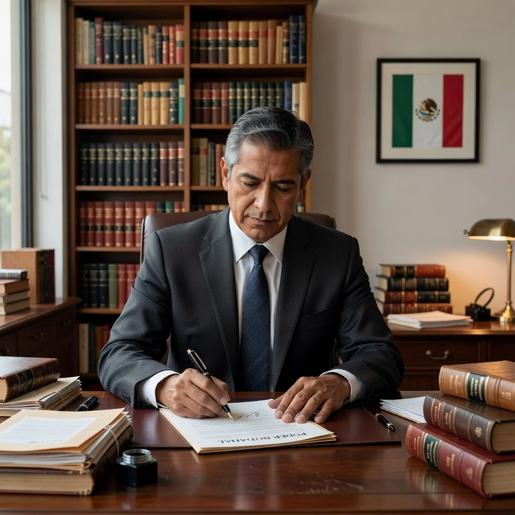 A photorealistic image depicting a professional adult signing a power of attorney document in a modern Mexican notary office, with a Mexican flag subtly in the background, symbolizing legal empowerment and trust, no children present.