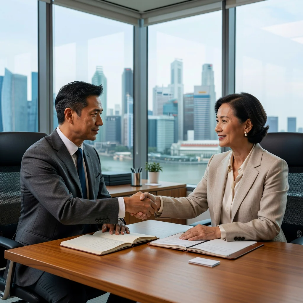 A photorealistic image representing trust and empowerment in legal matters, showing a middle-aged adult professional in a modern Singapore office, confidently discussing plans with a trusted advisor, symbolizing the purpose of a power of attorney without focusing on documents.