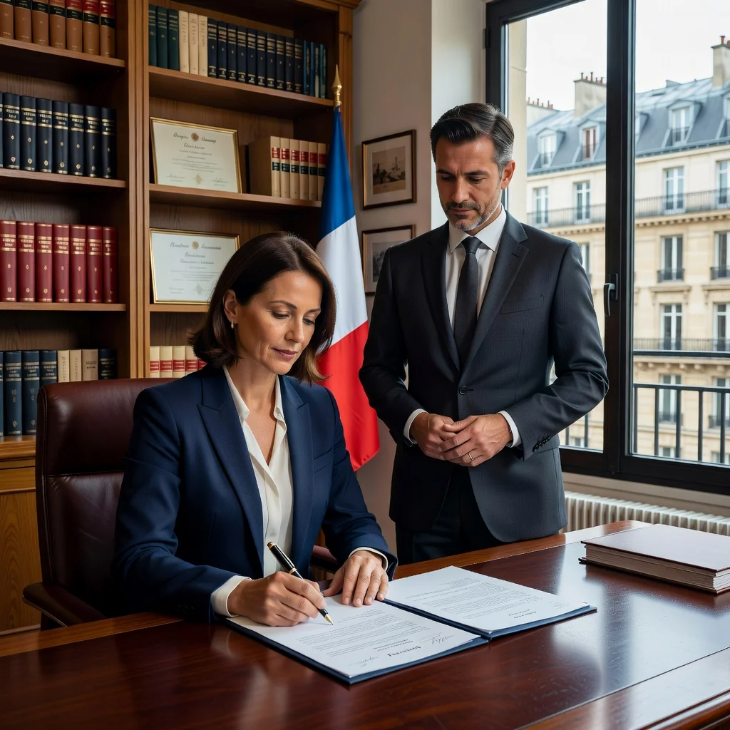 A photorealistic image depicting a middle-aged adult woman in a professional setting, sitting at a desk with a laptop, signing a power of attorney document while another adult man stands nearby, observing, symbolizing trust and delegation of authority in France. The scene is set in a modern French office with subtle French elements like a window view of the Eiffel Tower in the distance. No children are present in the image.