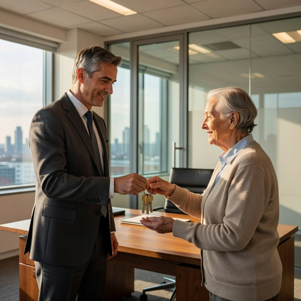 A photorealistic image depicting an elderly adult receiving assistance from a trusted adult family member in a professional setting, symbolizing the supportive role of power of attorney in the UK, with no children present.