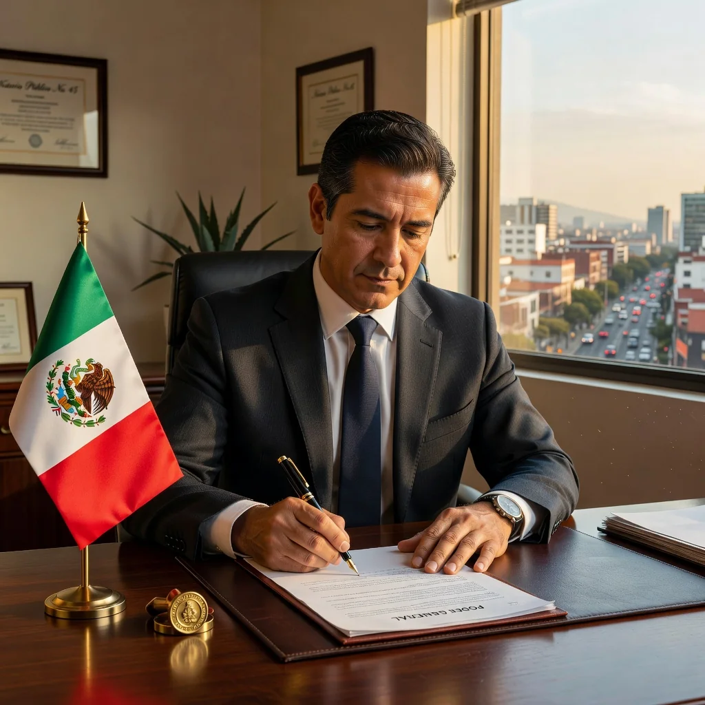 A photorealistic image of a professional adult signing a power of attorney document in a modern Mexican notary office, symbolizing trust and legal authorization, with Mexican cultural elements in the background like a flag or traditional decor, no children present.