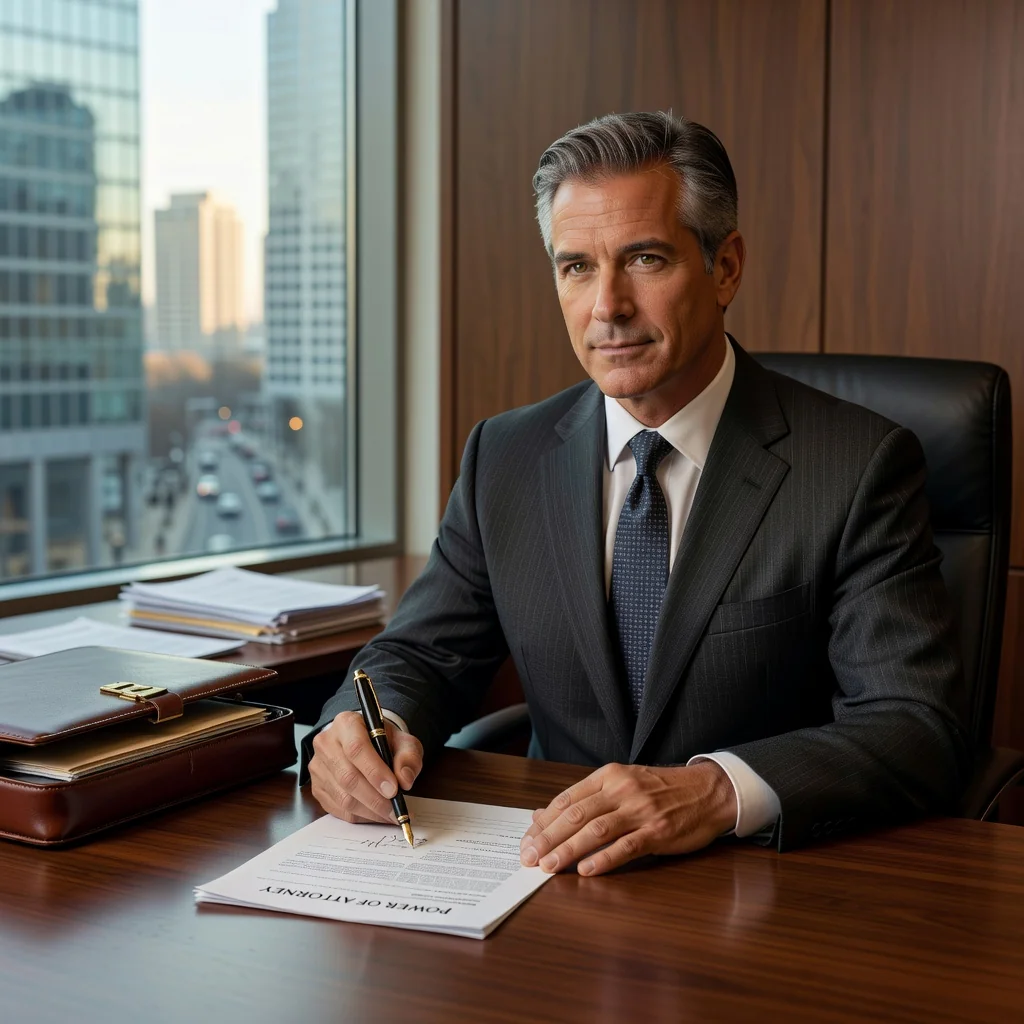 A photorealistic image of an adult professional in a modern office setting, signing a power of attorney document on behalf of another person, symbolizing trust and legal authorization, with a subtle background of legal books and a city skyline visible through a window, conveying reliability and formality without focusing on the document details.