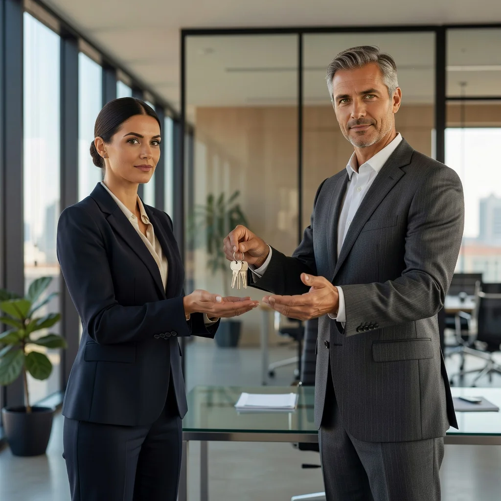 A photorealistic image representing the concept of granting power of attorney, showing a professional adult in a business meeting handing over keys or a symbolic item to another adult, conveying trust and delegation of authority in a modern office setting, no children present.