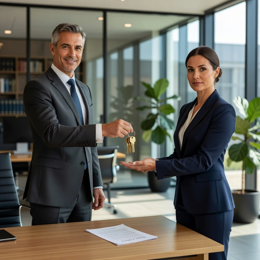 A photorealistic image of a professional adult handing over a set of keys to another adult in a modern office setting, symbolizing the transfer of authority and trust through a power of attorney, conveying security and reliability without showing any legal documents.