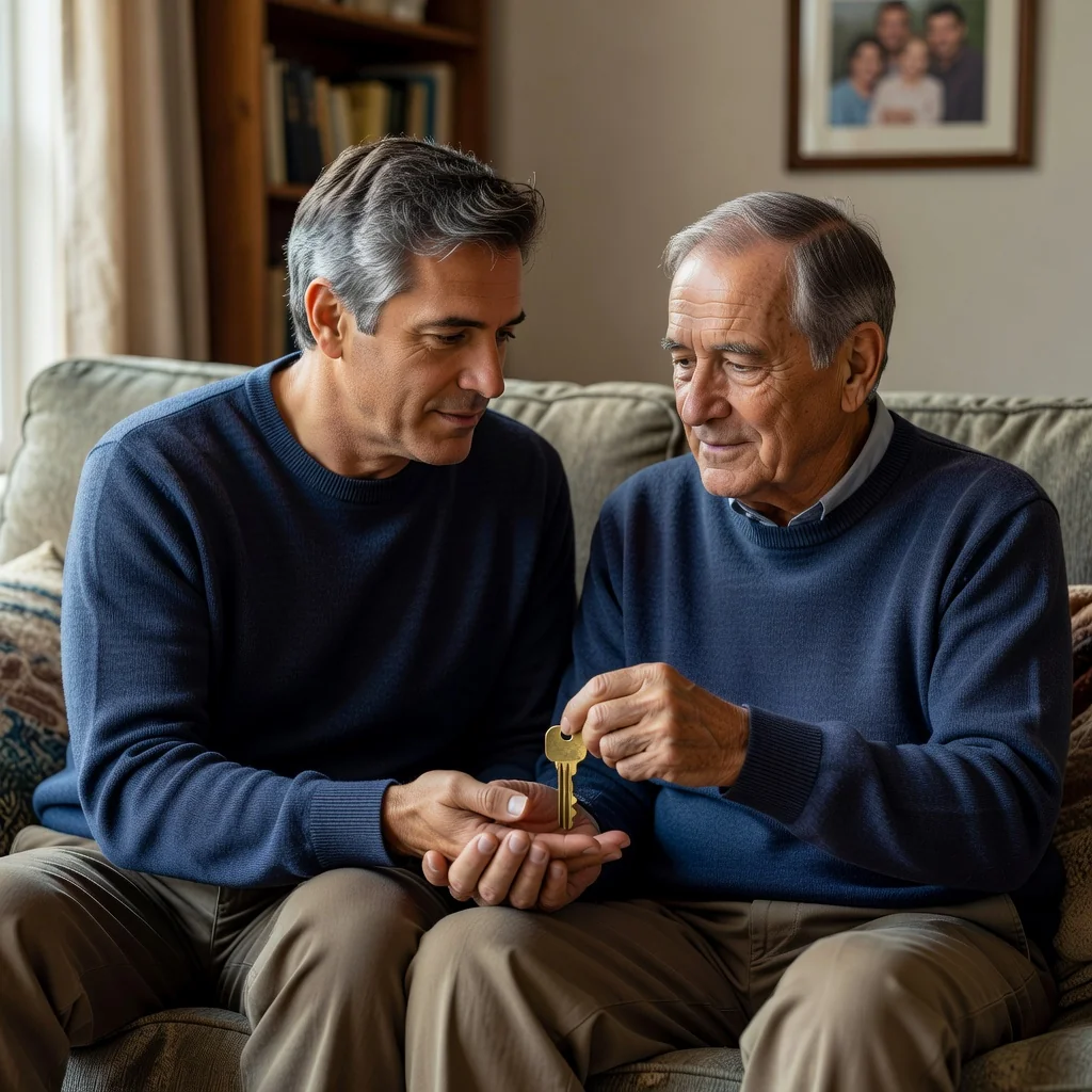 A photorealistic image depicting an elderly adult entrusting their affairs to a trusted adult family member, symbolizing the purpose of a power of attorney without showing any legal documents. The scene involves two adults in a professional or home setting, conveying trust and security.