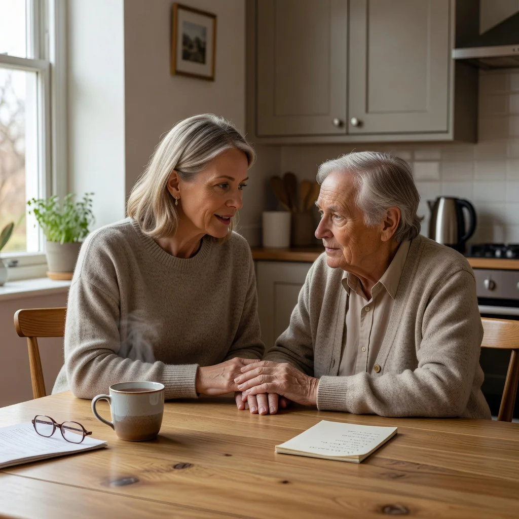 A photorealistic image of an elderly adult receiving support from a trusted adult family member in a comfortable home setting, symbolizing the purpose of power of attorney for future care and decision-making.