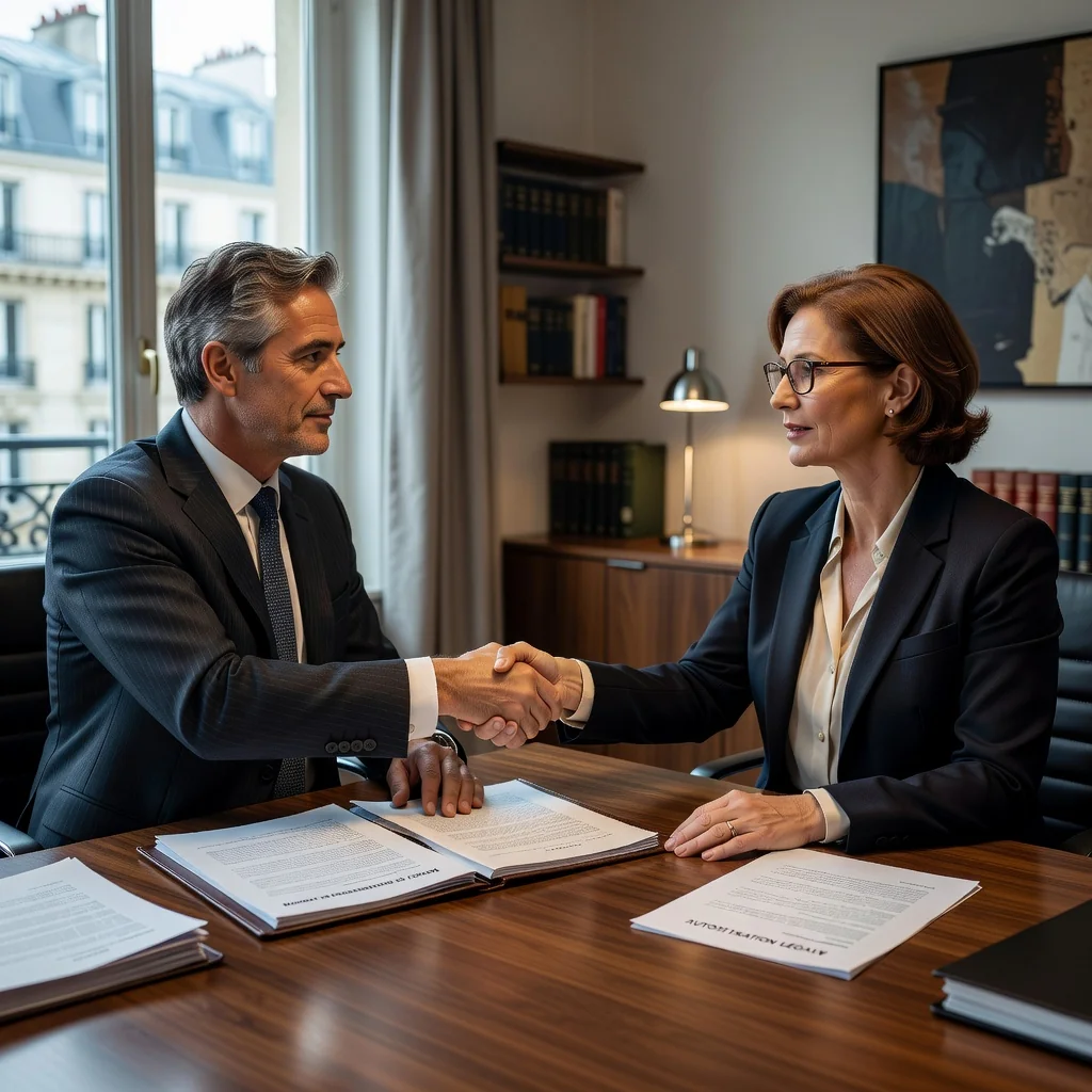 A professional scene representing common uses of power of attorney in French law, such as a middle-aged adult signing documents with a lawyer in a modern office, or an elderly person delegating authority to a trusted family member, symbolizing trust and legal delegation without showing any documents directly.