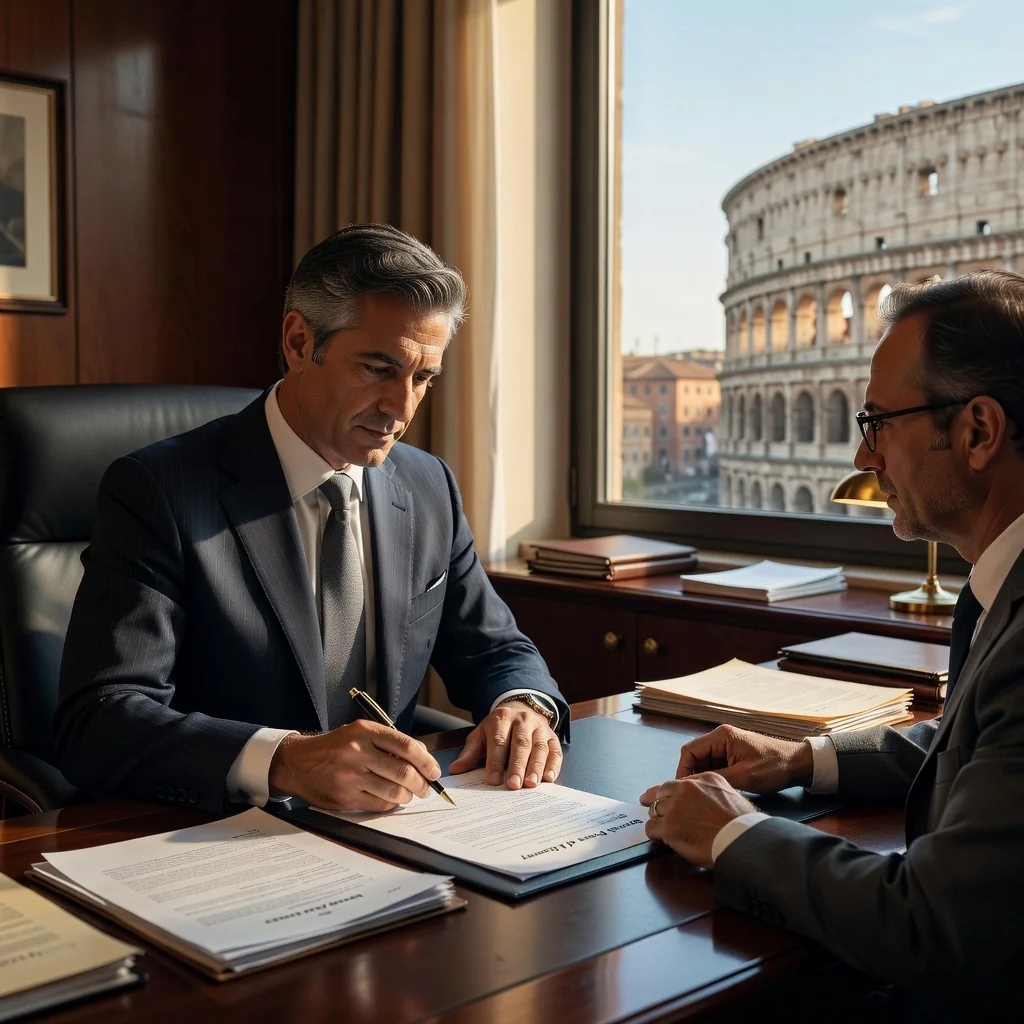 A photorealistic image of a professional adult signing a power of attorney document in a lawyer's office in Italy, with Italian landmarks visible through the window, conveying trust and legal empowerment without focusing on the document itself.