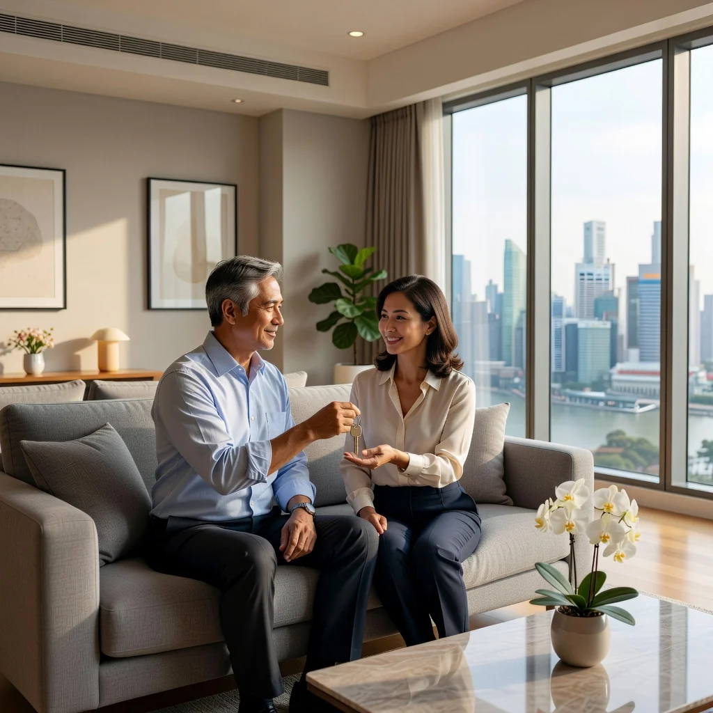 A photorealistic image of a middle-aged adult couple in a modern Singaporean living room, one person handing over a set of house keys to the other, symbolizing trust and empowerment in personal affairs management, with a subtle Singapore skyline visible through the window in the background. No children are present in the image.