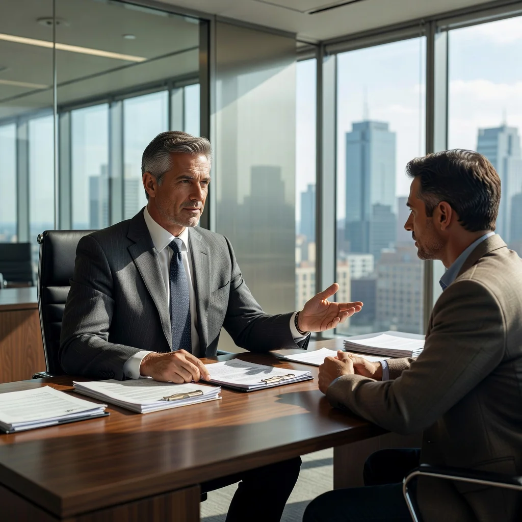 A photorealistic image of a professional adult lawyer in a modern office, consulting with a client over legal matters, symbolizing the authority and representation provided by general and special powers of attorney, with no documents visible, no children present.