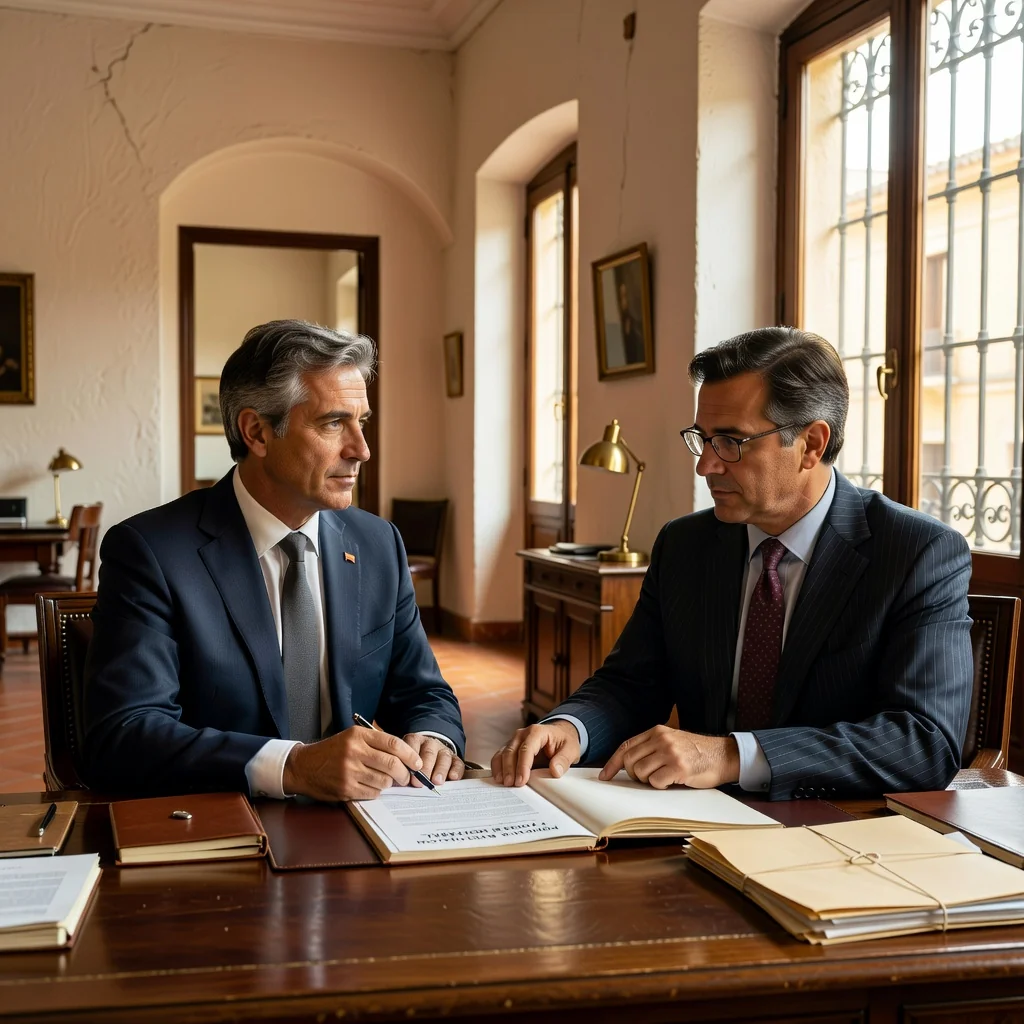 A photorealistic image depicting a professional adult individual in a modern office setting, confidently discussing or signing a power of attorney document with a lawyer or advisor, symbolizing trust and legal representation in Spain. The scene conveys empowerment and practical legal assistance without focusing on the document itself. No children are present.