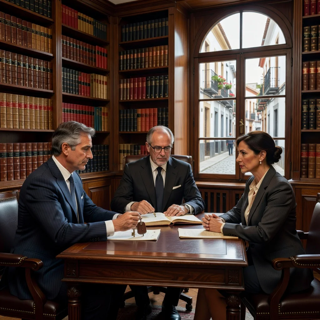 A photorealistic image of a middle-aged adult Spanish man and woman in a professional notary office in Spain, discussing and signing a power of attorney document with a notary public. The focus is on the consultation and trust-building process, with warm lighting, wooden furniture, and subtle Spanish elements like a flag or map in the background. No children are present. The image conveys empowerment and legal assistance without showing the document details.