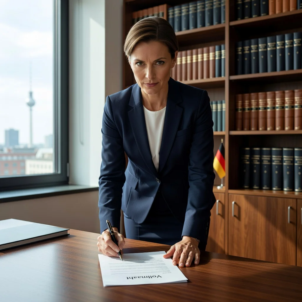 A photorealistic image of a professional adult woman in a modern German office, confidently signing an authorization document on behalf of someone else, symbolizing the power of attorney or Vollmacht in legal contexts. She is dressed in business attire, sitting at a desk with subtle German flags or landmarks in the background to evoke Germany, no children present.
