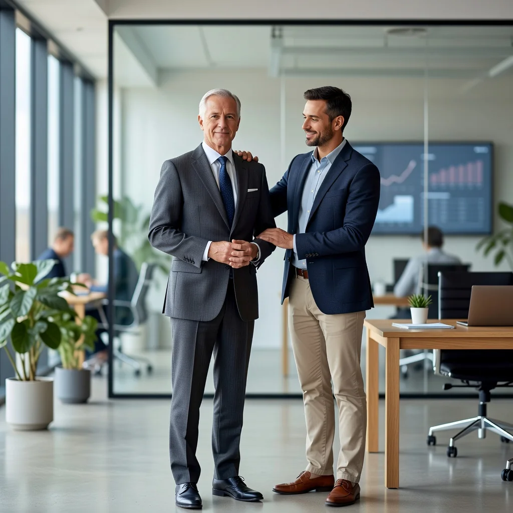 A photorealistic image depicting an elderly adult being supported by a trusted family member in a professional setting, symbolizing the empowerment and care provided by a Power of Attorney arrangement in the UK, conveying themes of trust, security, and legal protection for future needs.