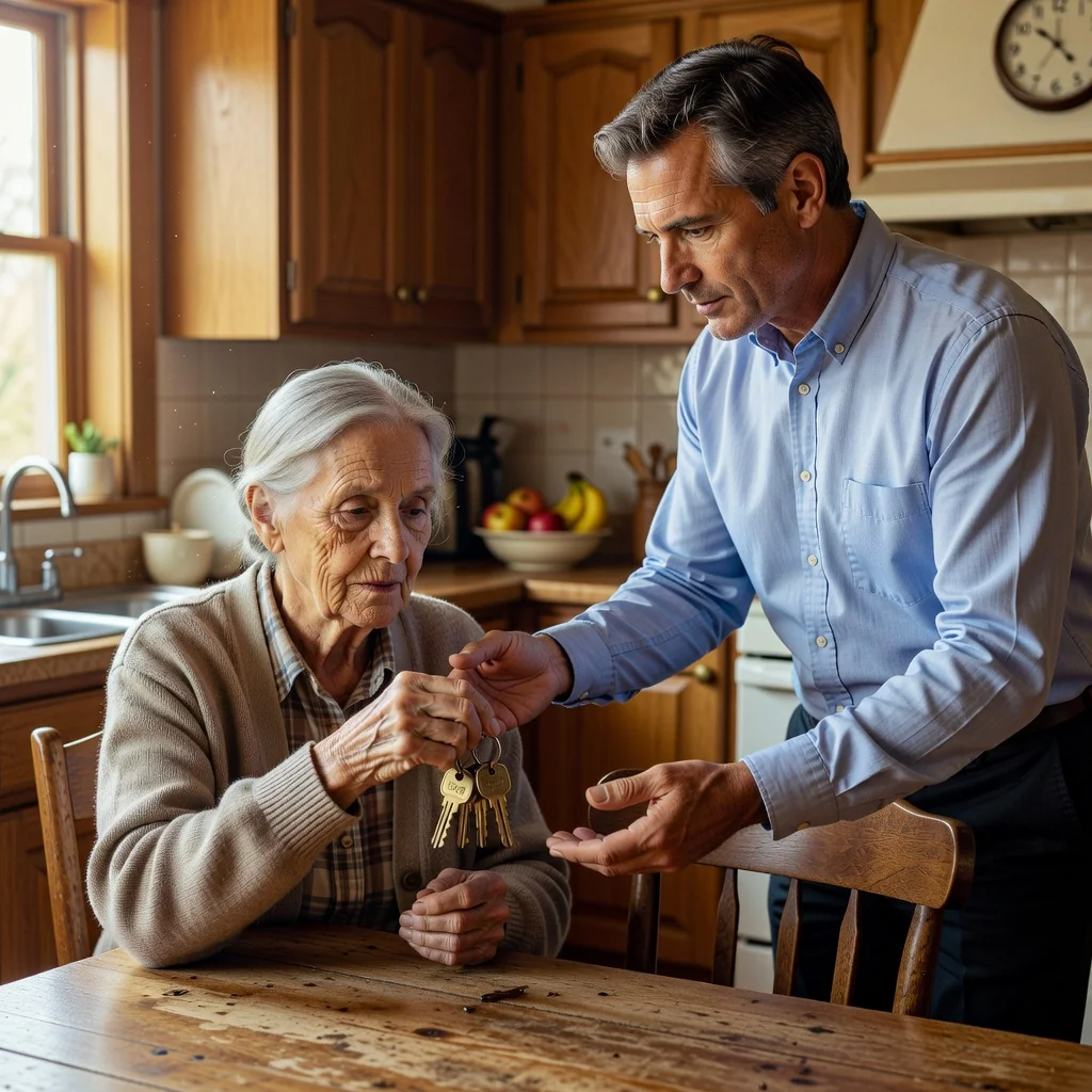 A photorealistic image depicting an elderly adult in a thoughtful pose, handing over a set of keys to a trusted middle-aged adult in a home setting, symbolizing the transfer of authority and trust, representing the purpose of a Power of Attorney document. No children are present in the image.