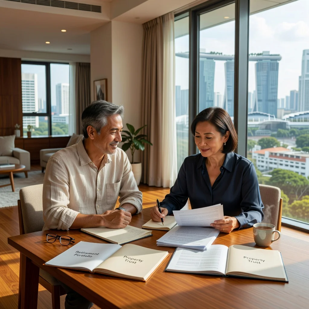 A photorealistic image depicting a middle-aged adult couple in a modern Singaporean living room, one person attentively helping the other with daily tasks like signing forms or discussing plans, symbolizing trust, care, and legal empowerment through power of attorney, with subtle Singaporean elements like a window view of the city skyline. No children present.