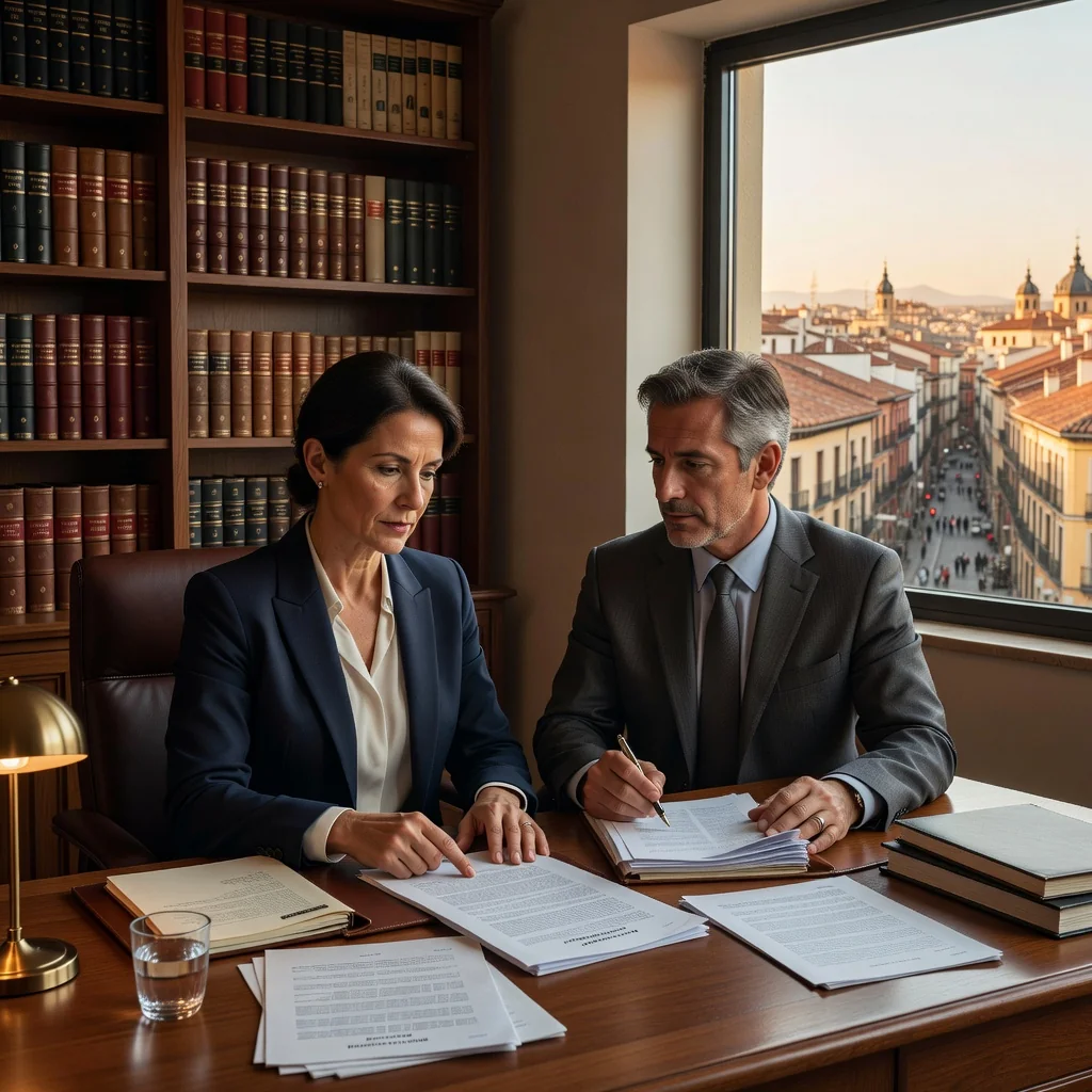 A photorealistic image representing the purpose of a power of attorney document in Spain, showing a professional adult in a modern Spanish office setting, signing or discussing legal matters with a lawyer, symbolizing trust and authorization, with subtle Spanish elements like a flag or architecture in the background. No children are present.