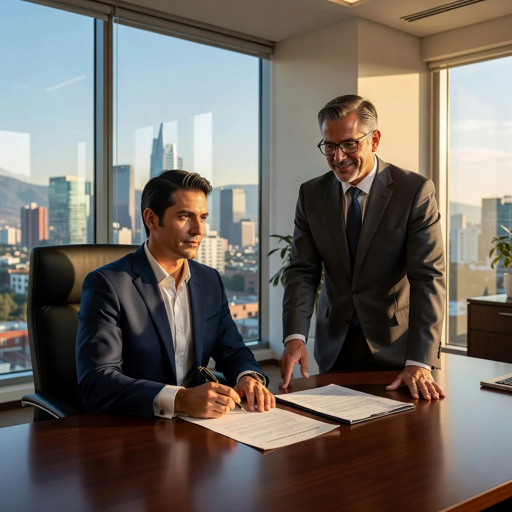 A photorealistic hero image representing the purpose of a power of attorney legal document in Mexico, showing an adult professional in a modern Mexican office setting, signing an agreement with a trusted representative or lawyer, symbolizing empowerment and legal representation, with subtle Mexican cultural elements like a flag or architecture in the background, no children present.