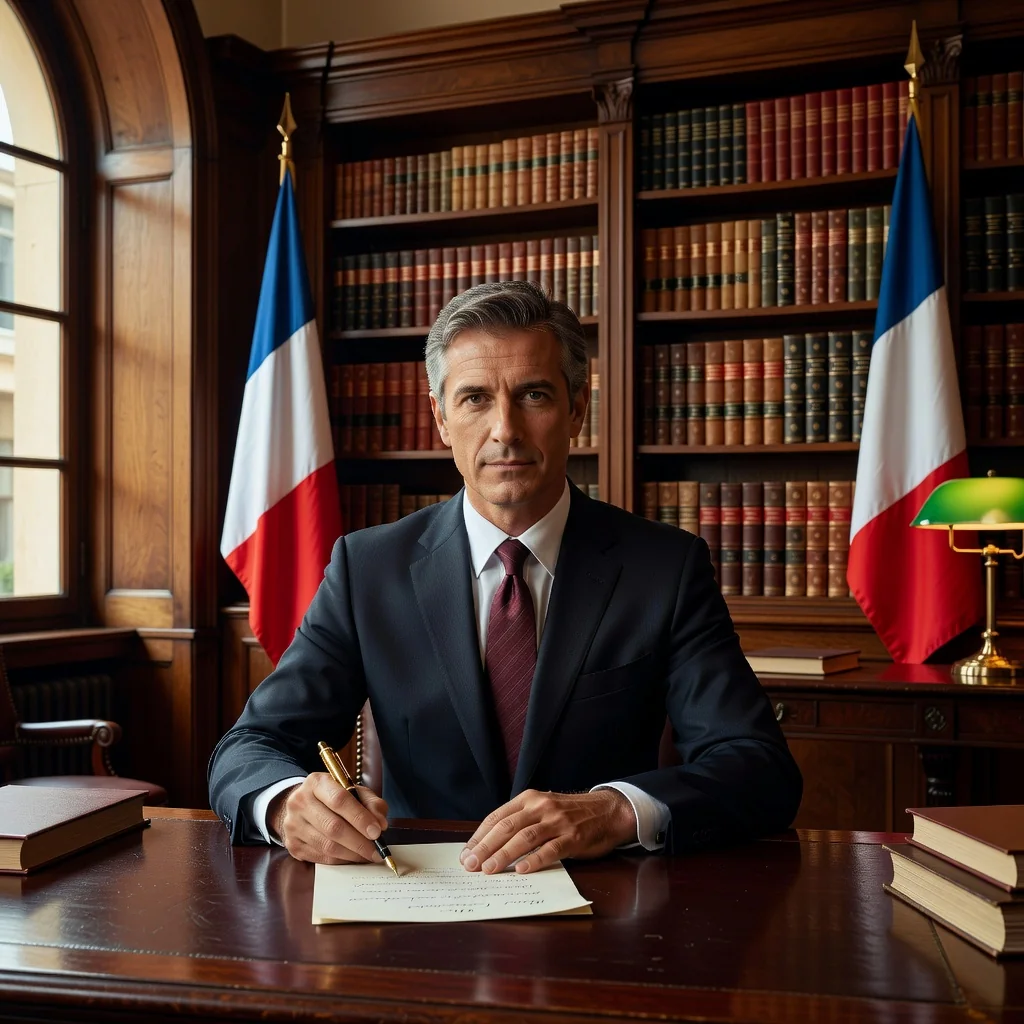 A photorealistic image of a professional adult signing a legal document in a French notary office, symbolizing the purpose of procuration legal documents which grant authority to act on behalf of someone else, evoking trust and empowerment in legal matters.