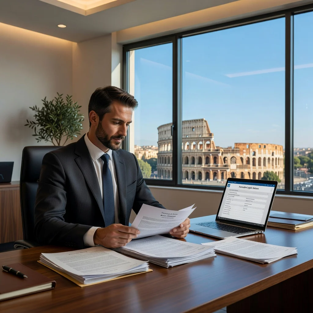 A photorealistic image of a professional adult lawyer in a modern Italian office, reviewing legal documents on a desk with Italian landmarks visible through the window, symbolizing the procurement of legal documents in Italy. No children present.