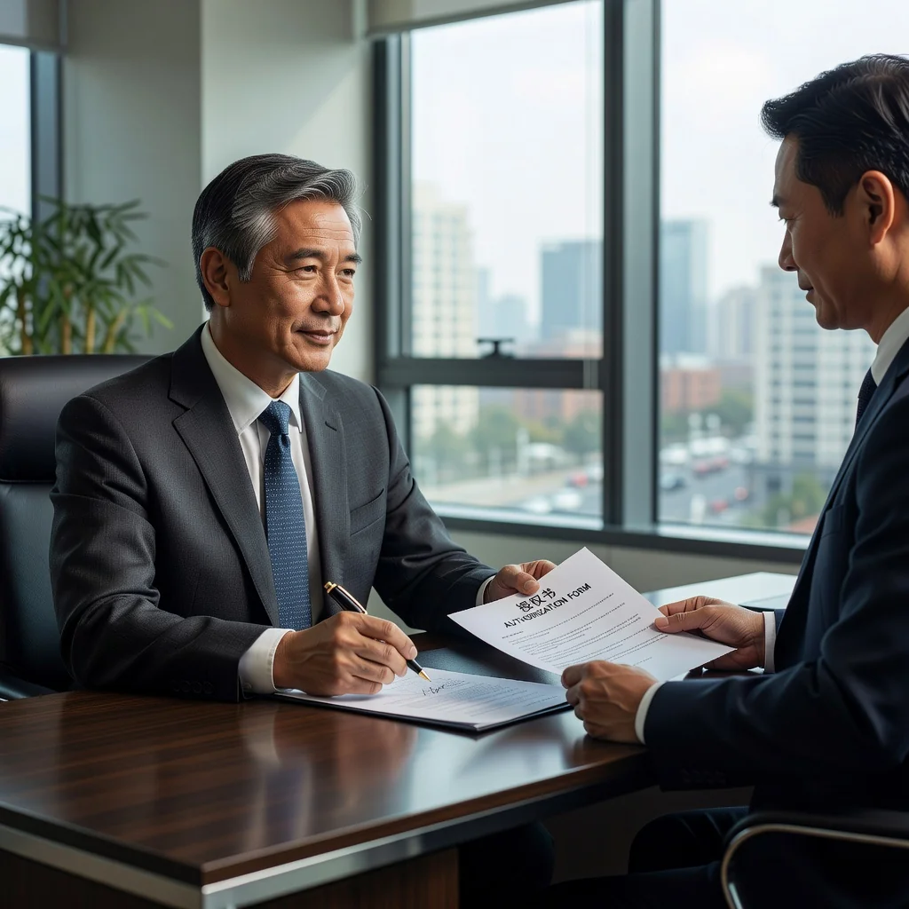 A professional adult Chinese businessperson in a modern office setting in China, signing an authorization document with a confident expression, symbolizing trust and delegation in legal matters. The scene includes subtle Chinese cultural elements like a city skyline view, but no actual document text is visible.