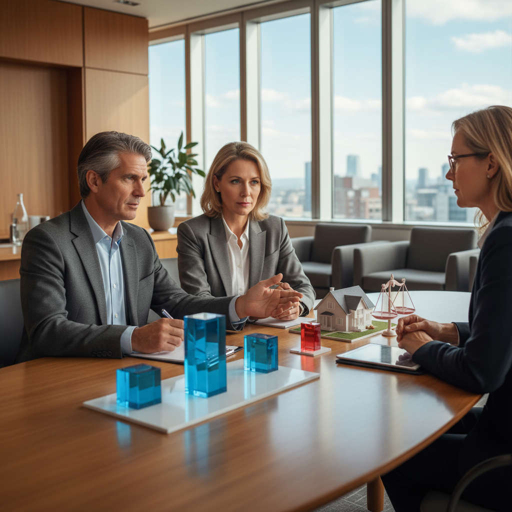 A photorealistic image symbolizing the advantages and disadvantages of a revocable trust, showing a middle-aged adult couple in a modern office discussing financial plans with a professional advisor, with subtle elements like a family home model and investment charts in the background, evoking security and decision-making without focusing on documents.