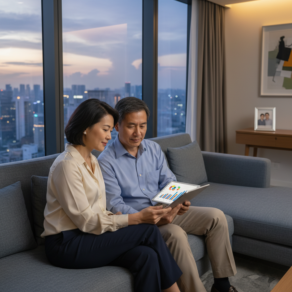 A photorealistic image of a mature adult Singaporean couple in a modern living room, reviewing financial documents together with a sense of security and planning, overlooking a city skyline view, symbolizing trust and legacy planning without showing any legal papers or children.