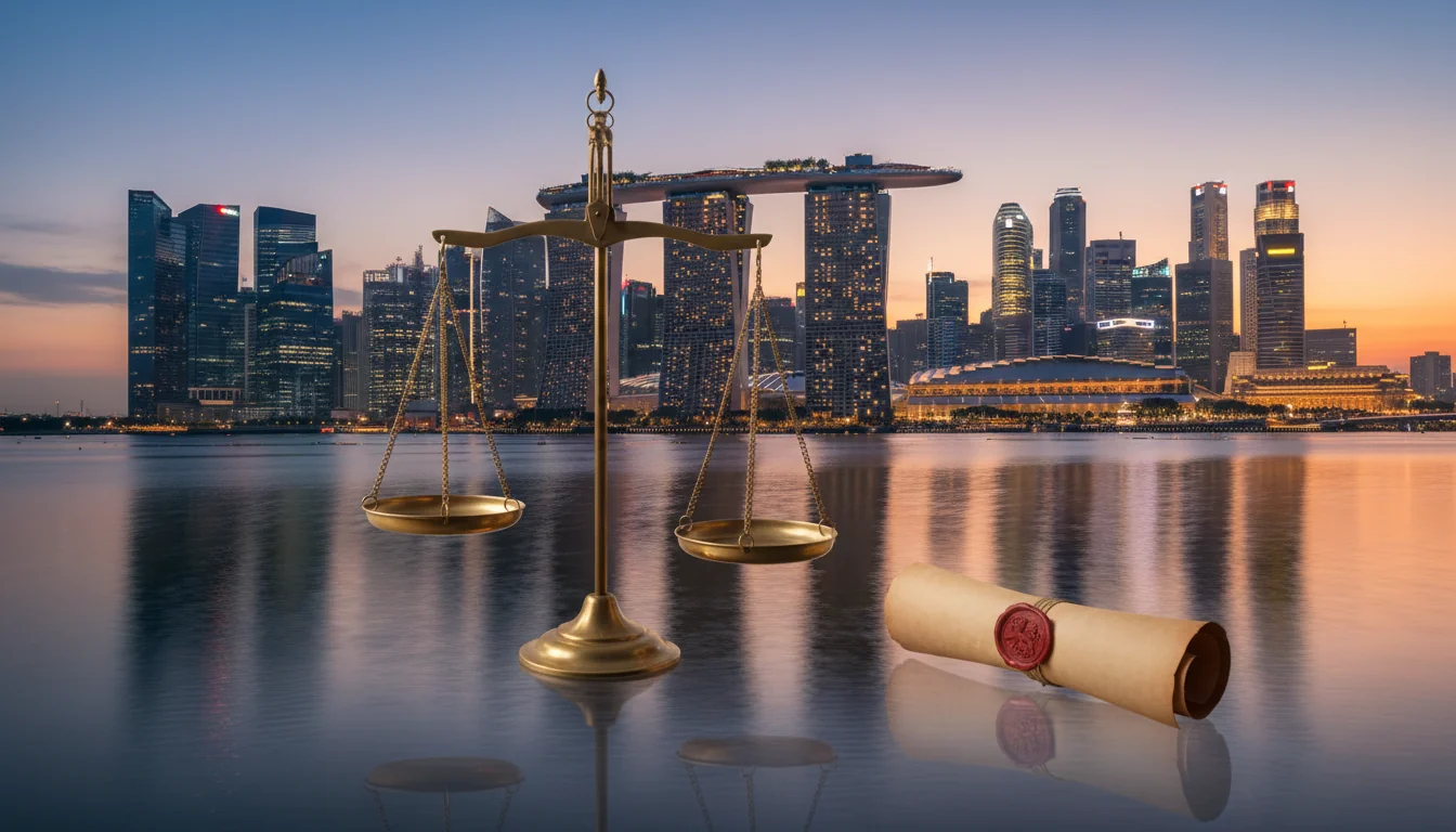 Singapore skyline with legal symbols