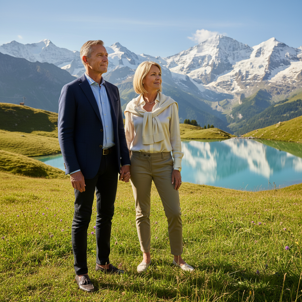 A photorealistic image depicting a mature adult couple in their 50s or 60s, standing thoughtfully in a serene Swiss alpine landscape with snow-capped mountains and a clear blue sky in the background. They are holding hands, looking towards the horizon, symbolizing legacy planning and security for the future without any legal documents visible. No children are present in the image.