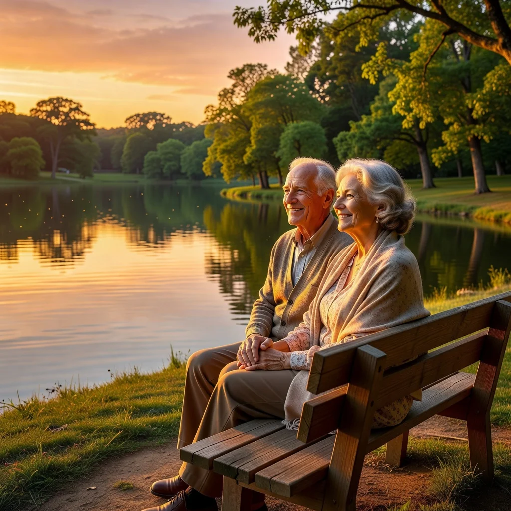 A serene photorealistic image of an elderly couple in their 60s, sitting together on a park bench overlooking a calm lake at sunset, holding hands and smiling peacefully, symbolizing security, legacy, and family protection in estate planning. No children are present. The scene evokes trust, peace of mind, and the benefits of forward-thinking financial planning for the future.