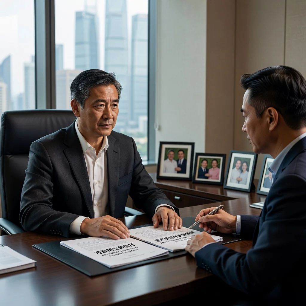 A photorealistic image of an elderly Chinese man in a modern office setting, thoughtfully reviewing financial plans with an advisor, symbolizing legacy planning and revocable living trusts for estate management, conveying security and foresight for the future.