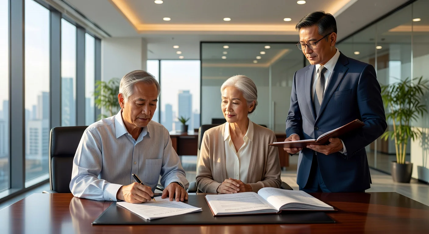 Elderly couple signing trust documents