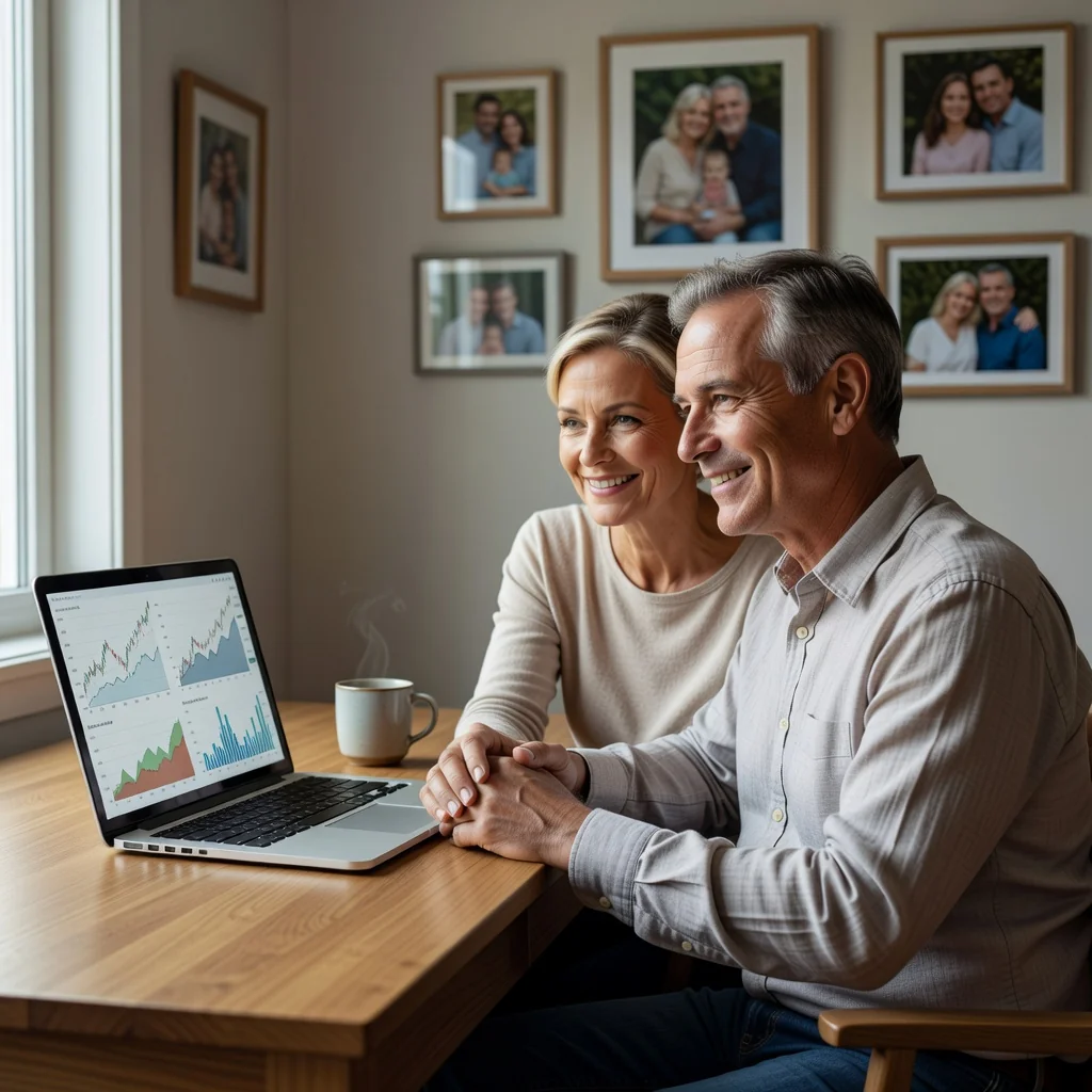 A photorealistic image representing the purpose of a revocable living trust, which is securing one's legacy and financial future for family and loved ones. Show a middle-aged couple in a modern home office, sitting together at a desk with a laptop open, reviewing financial documents and smiling warmly, symbolizing planning and peace of mind. The scene should evoke trust, security, and forward-thinking without any legal papers visible. No children or minors should be present in the image.