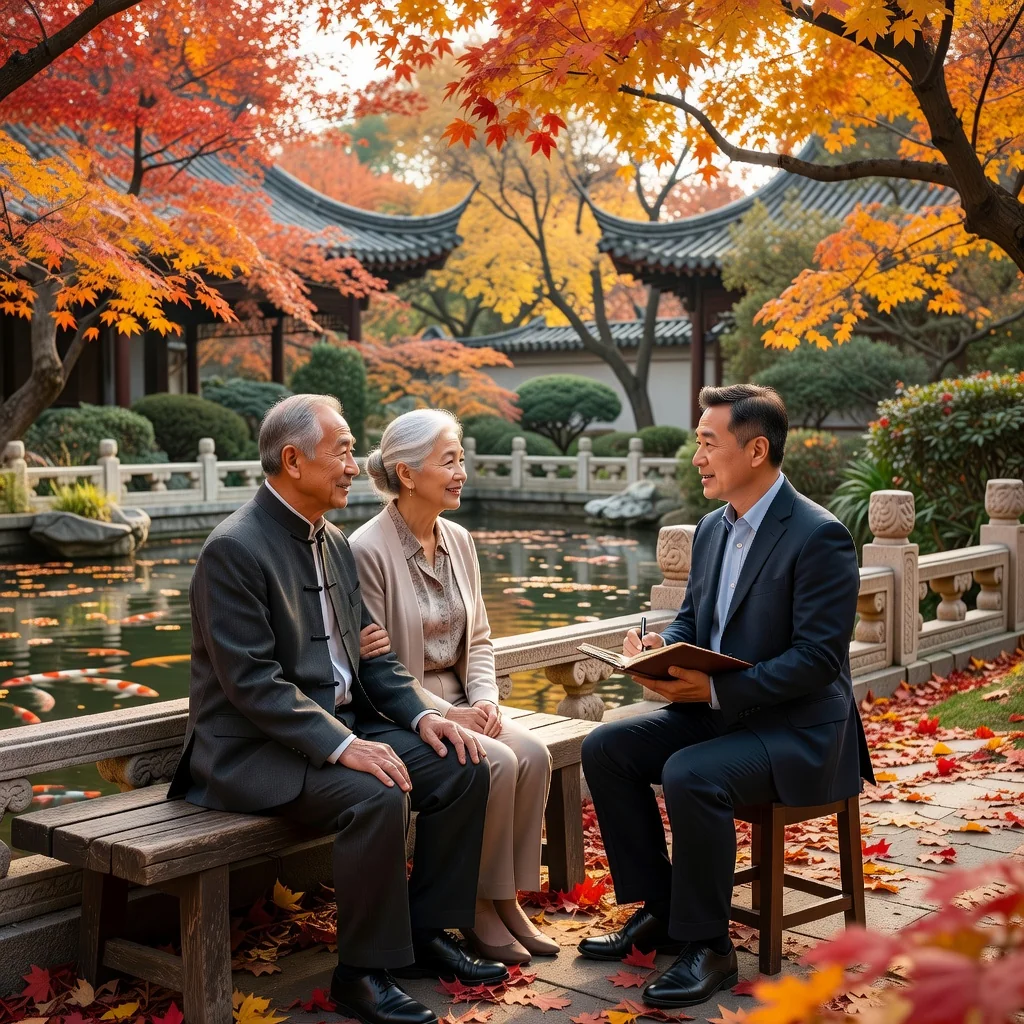 A photorealistic image of an elderly Chinese couple in a serene park, discussing estate planning with a financial advisor, symbolizing the modification of revocable living trust terms for future security.