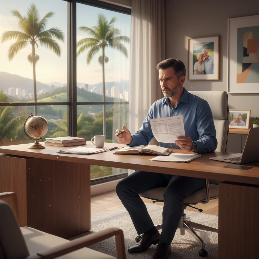 A photorealistic image representing the concept of a revocable trust in Brazilian law, showing a middle-aged adult Brazilian man in a modern office setting, thoughtfully reviewing financial plans or estate documents on a desk with subtle Brazilian elements like a flag or map in the background, conveying security and planning for the future without any focus on legal papers themselves.