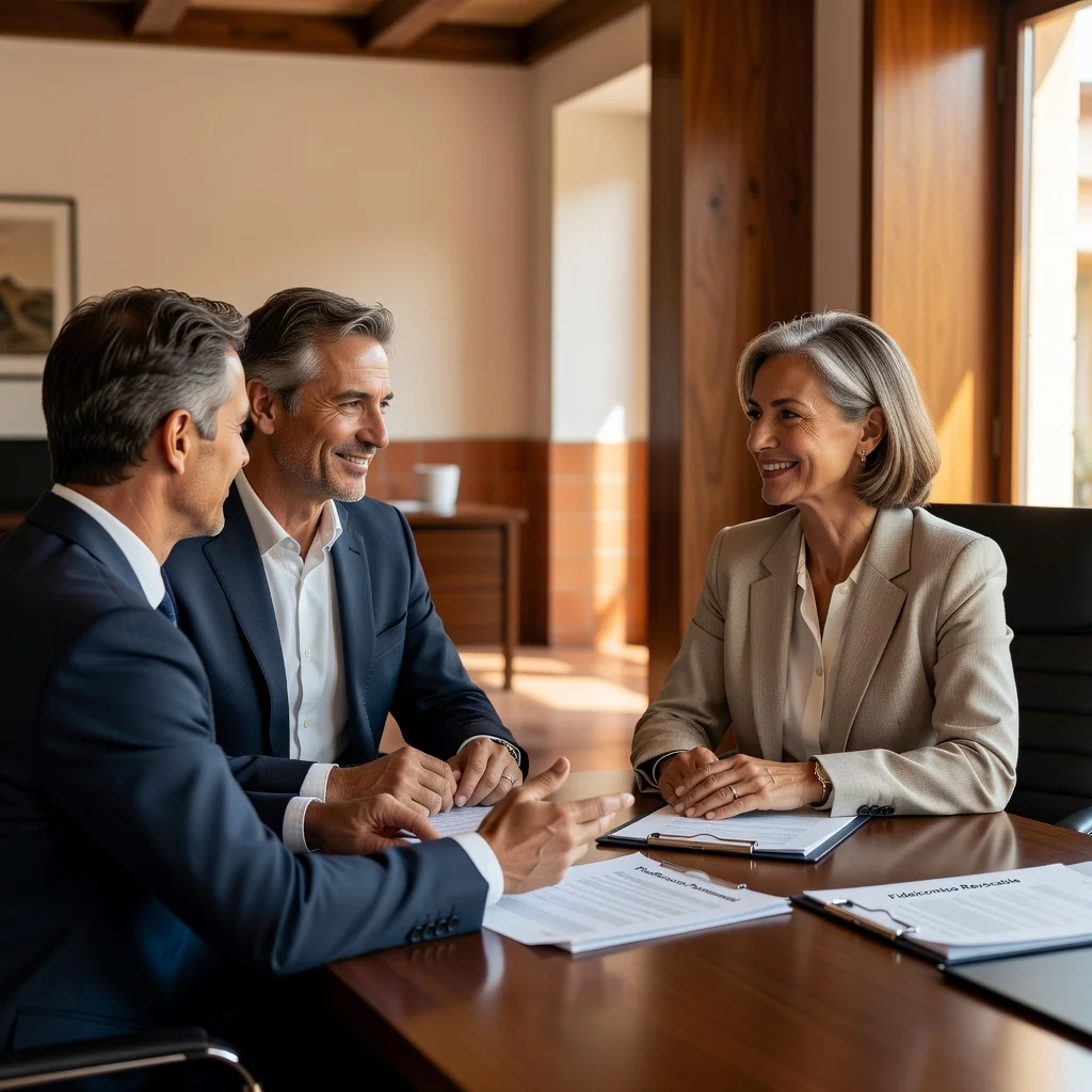 A photorealistic image representing the concept of a revocable trust in Spain, showing a mature adult couple in their 50s discussing financial plans with a financial advisor in a modern Spanish office, symbolizing security, estate planning, and family asset protection. The scene conveys trust, stability, and forward-thinking without any legal documents visible. No children are present.