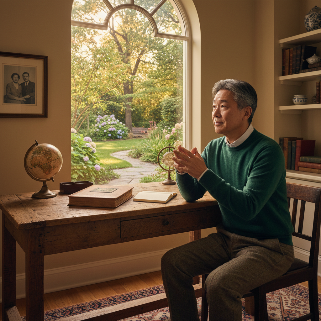 A photorealistic image of a thoughtful middle-aged adult sitting at a wooden desk in a cozy home office, gazing contemplatively out a window at a serene garden, symbolizing legacy planning and thoughtful decision-making in estate matters, with warm natural light filtering in, no children present.