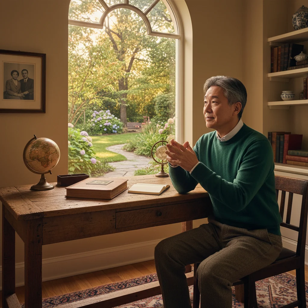 A photorealistic image of a thoughtful middle-aged adult sitting at a wooden desk in a cozy home office, gazing contemplatively out a window at a serene garden, symbolizing legacy planning and thoughtful decision-making in estate matters, with warm natural light filtering in, no children present.
