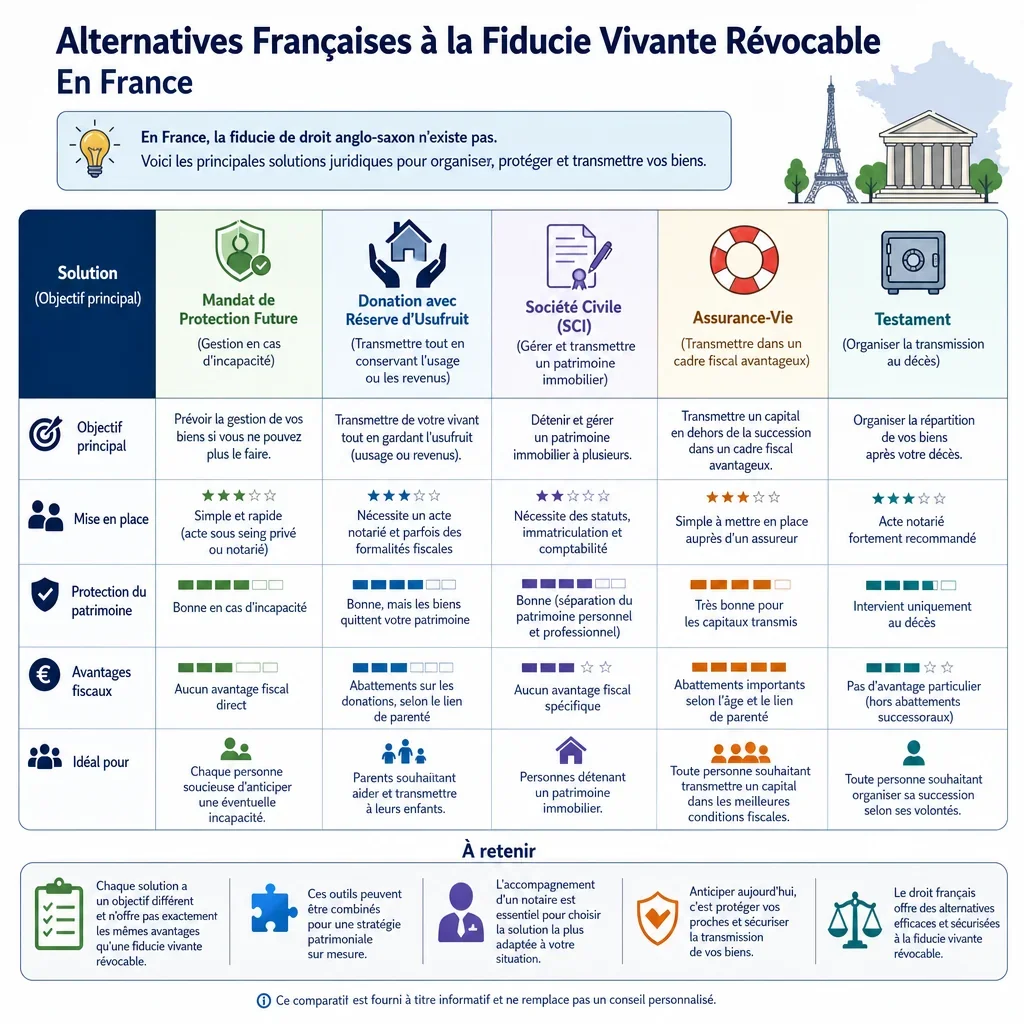 Comparatif des alternatives françaises à la fiducie vivante révocable