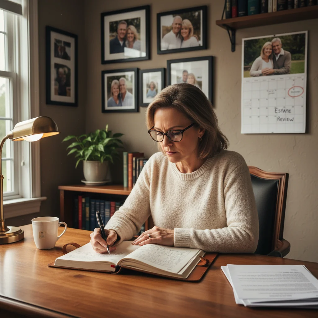A photorealistic image of an elderly adult sitting thoughtfully at a wooden desk in a cozy home study, holding a pen over a blank notebook, symbolizing the planning and creation of a revocable will, with warm natural light filtering through a window, conveying a sense of personal legacy and future planning.