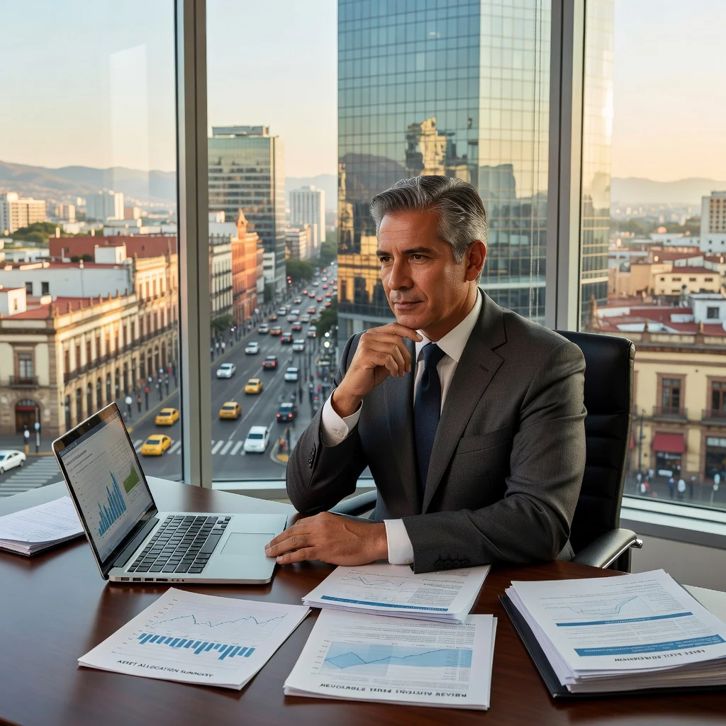 A photorealistic image of a middle-aged Mexican professional man in a modern office setting in Mexico City, reviewing financial documents on a desk with a laptop, symbolizing asset management and estate planning through a revocable trust. The scene conveys security, planning, and professionalism, with subtle Mexican cultural elements like a flag or city skyline in the background. No children or legal documents are visible.