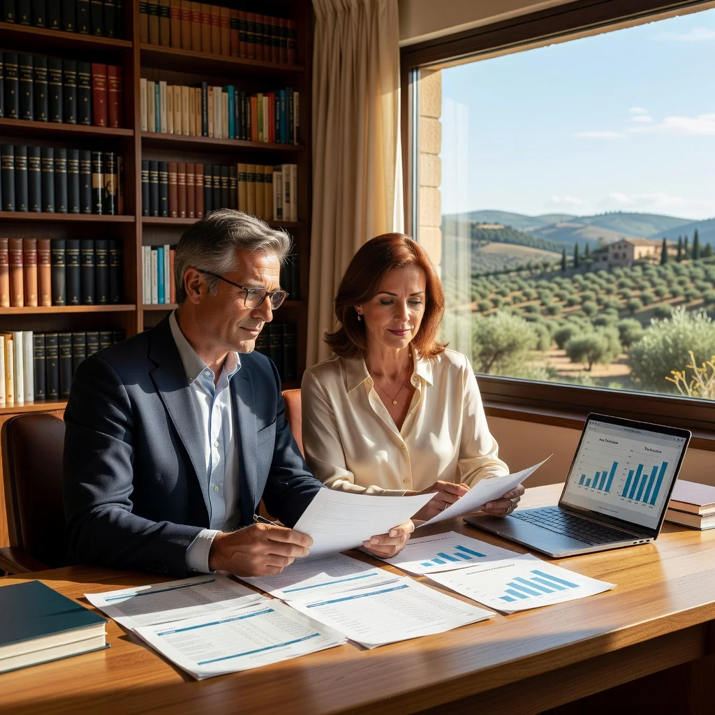 A photorealistic image representing the purpose of creating a revocable trust in Spain, such as planning for family legacy, financial security, and estate protection. Depict a middle-aged professional couple in a modern Spanish home office, reviewing financial documents together with a sense of calm assurance, overlooking a scenic view of the Spanish countryside through a window, symbolizing long-term planning and heritage preservation. No children are present in the image.
