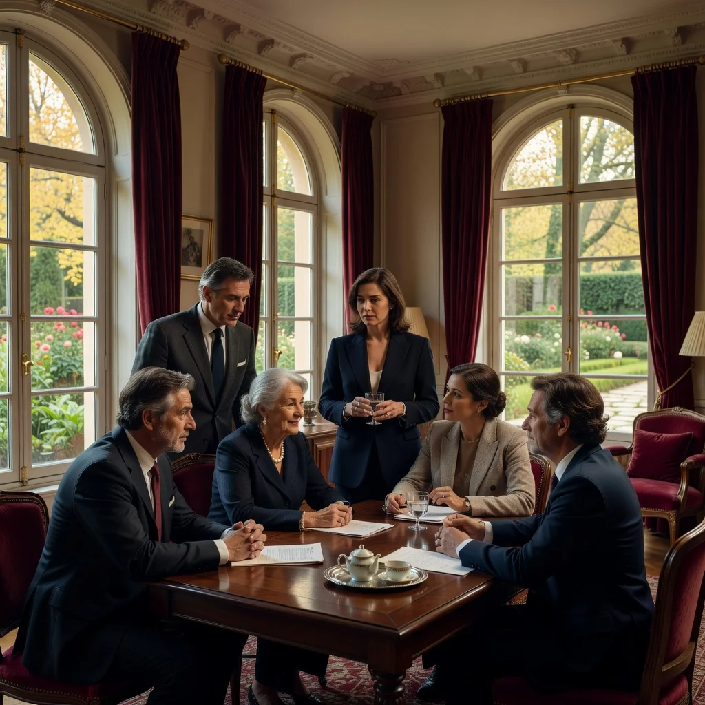A photorealistic image symbolizing trust, security, and family legacy in the context of creating a trust in France, featuring an adult family gathering around a table in a elegant French countryside home, discussing plans with a sense of unity and protection, no children present, warm lighting, detailed realistic textures.