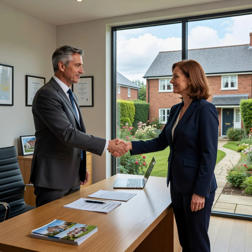 A photorealistic image of two professional adults, a middle-aged man and woman, shaking hands in a modern UK property office with a window view of a suburban house, symbolizing trust and agreement in property ownership without showing any legal documents.