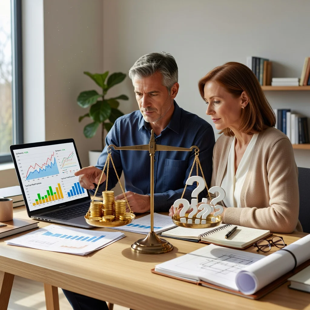A photorealistic hero image representing the advantages and disadvantages of a trust fund, symbolizing financial security and family legacy without focusing on legal documents. Depict a middle-aged adult couple in a modern home office, reviewing investment charts on a laptop with balanced scales nearby to represent pros and cons, evoking trust, planning, and decision-making. No children, no graphics or drawings.