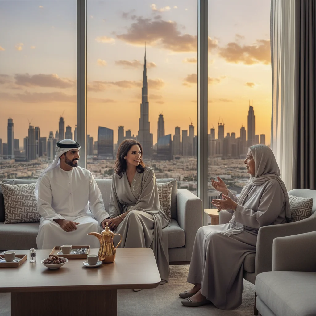 A photorealistic image depicting a serene family moment in the UAE, with a middle-aged couple and elderly parents sharing a peaceful conversation in a modern living room overlooking the Dubai skyline, symbolizing family legacy and planning, no children present, no legal documents visible.