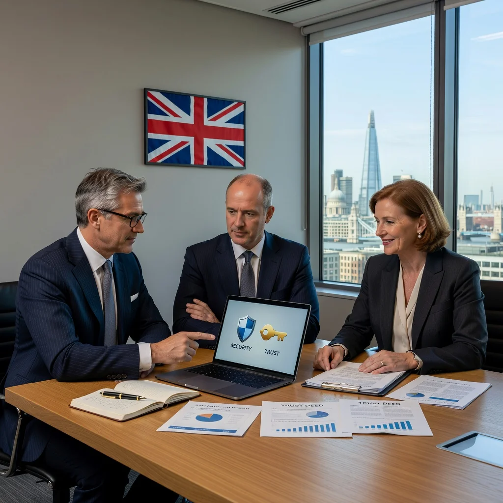 A photorealistic image representing the benefits and security provided by a Declaration of Trust in the UK, showing a diverse group of adults in a modern office setting, discussing financial plans with a trusted advisor, conveying themes of protection, collaboration, and legal assurance in asset management.