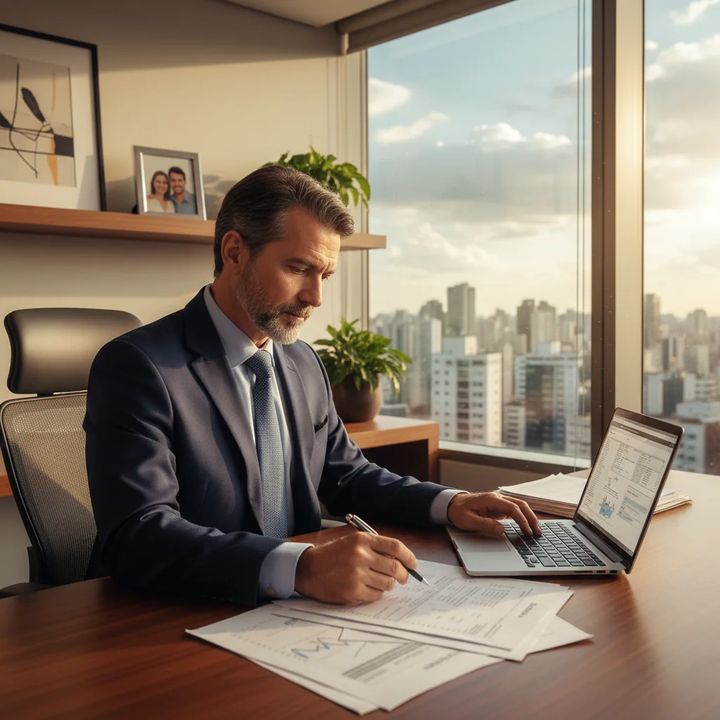 A photorealistic image of a middle-aged Brazilian professional man in a modern office setting, thoughtfully reviewing financial documents on his desk with a family photo in the background, symbolizing estate planning and security for loved ones, no children visible, natural lighting, high detail.