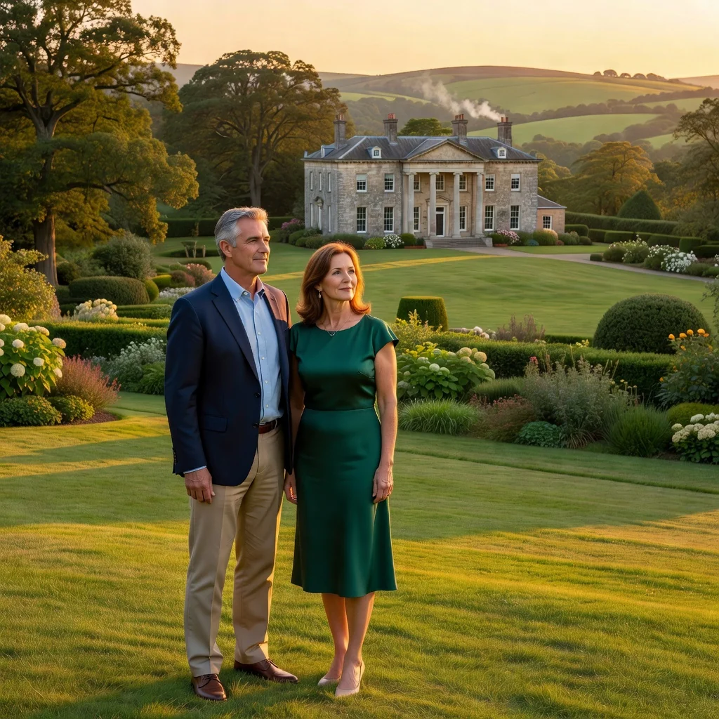 A photorealistic image symbolizing estate planning with a revocable trust, showing a mature adult couple in their 50s or 60s standing together in a serene garden, looking thoughtfully at a scenic view of a family home and landscape in the background, evoking security, legacy, and future planning without any legal documents visible. No children or young people in the image.